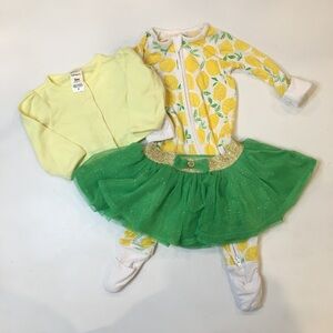Little Sleepies | Lemon Print Onesie with Green Tutu & Yellow Sweater Bundle